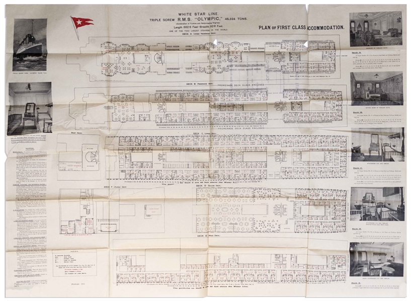 Fold-Out Deck Plans to the White Star Line's RMS Olympic From 1912 -- The Largest Ocean Liner in the World From 1911-1913 Only Surpassed for a Brief Period by the Titanic